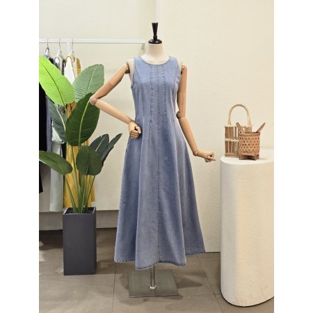 민소매 절개 데님 원피스