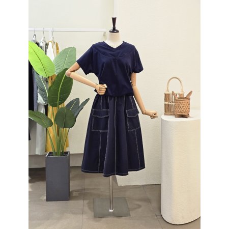 스티치 포켓 브이넥 원피스