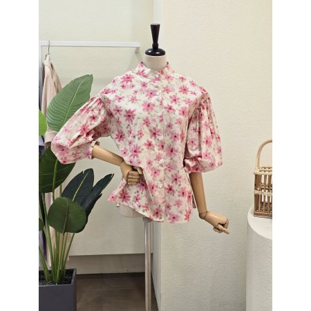 플라워 코튼 퍼프 블라우스