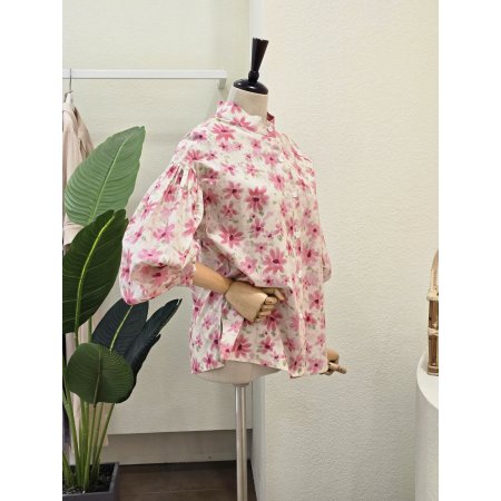 플라워 코튼 퍼프 블라우스