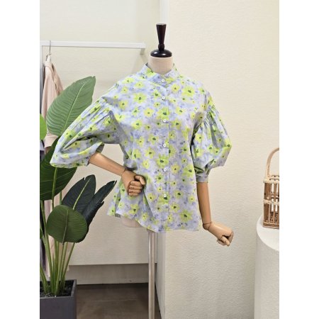 플라워 코튼 퍼프 블라우스