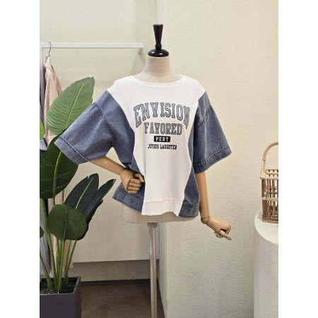 데님 배색 코튼 티셔츠