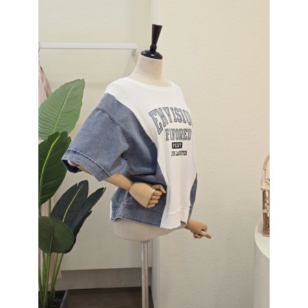 데님 배색 코튼 티셔츠