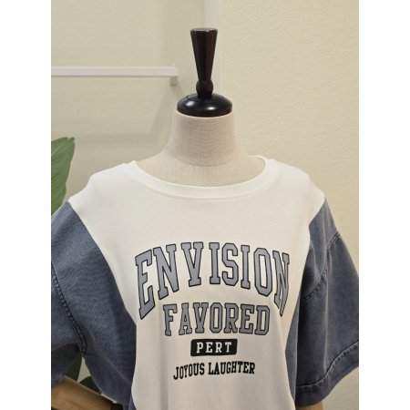 데님 배색 코튼 티셔츠