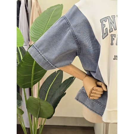 데님 배색 코튼 티셔츠