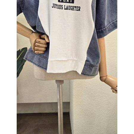 데님 배색 코튼 티셔츠