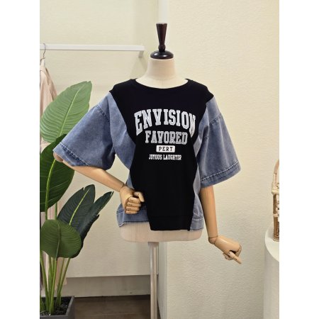 데님 배색 코튼 티셔츠