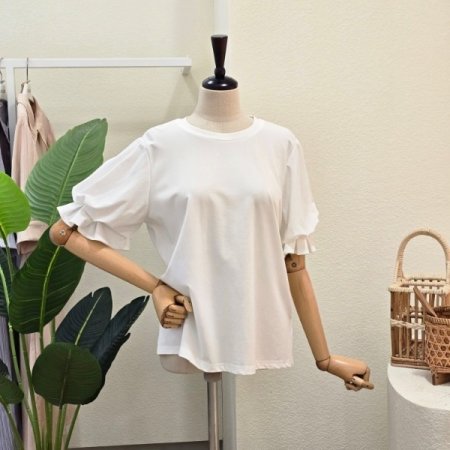 퍼프 소매 무지 반팔 티셔츠