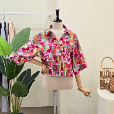 수채화 5부 소매 블라우스