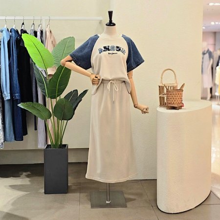 데님 배색 티셔츠 밴딩 스커트 세트