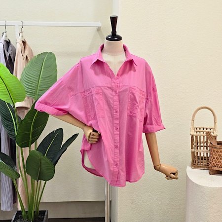 7부 소매 코튼 포켓 셔츠