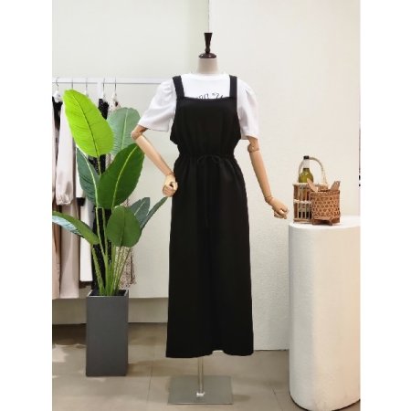 스트링 무지 와이드 점프슈트