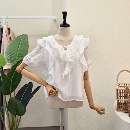 프릴 레이스 5부 소매 블라우스