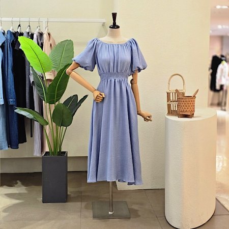 허리 슬림 퍼프 소매 원피스