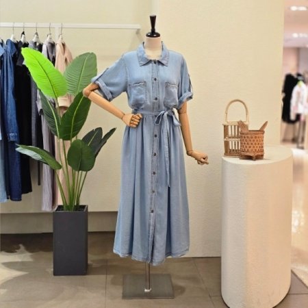 소매 롤업 데님 원피스