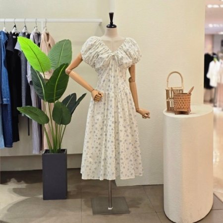 브이넥 셔링 프린트 원피스