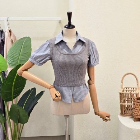 민소매 레이어드 퍼프 소매 블라우스