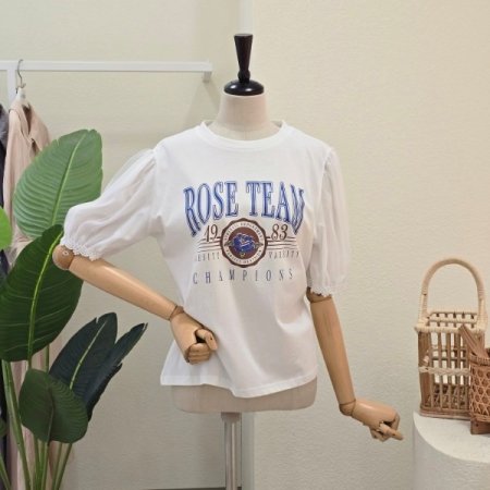 소매 쉬폰 배색 라운드넥 티셔츠