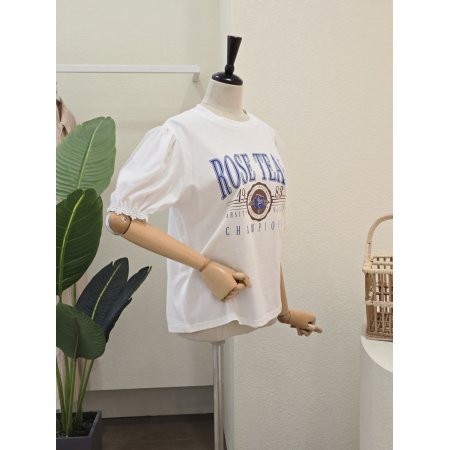 소매 쉬폰 배색 라운드넥 티셔츠