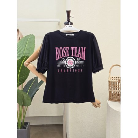 소매 쉬폰 배색 라운드넥 티셔츠