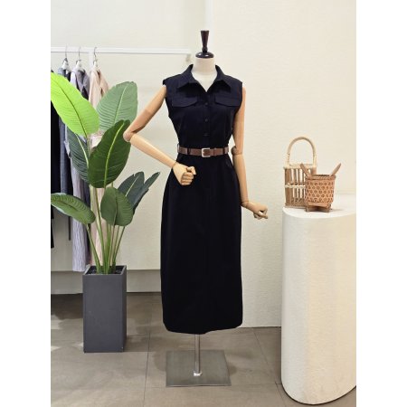 투 포켓 민소매 벨티드 원피스