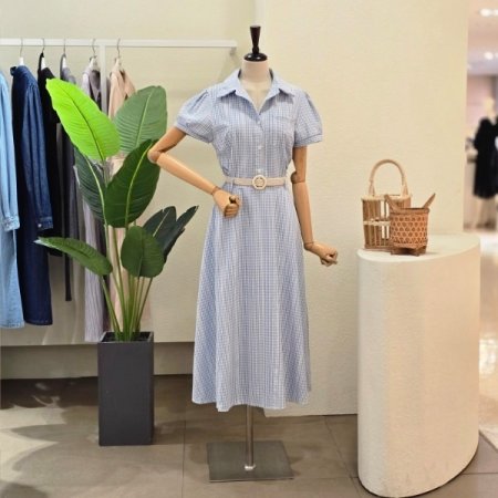 잔체크 카라넥 벨티드 원피스