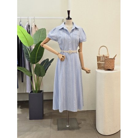 잔체크 카라넥 벨티드 원피스