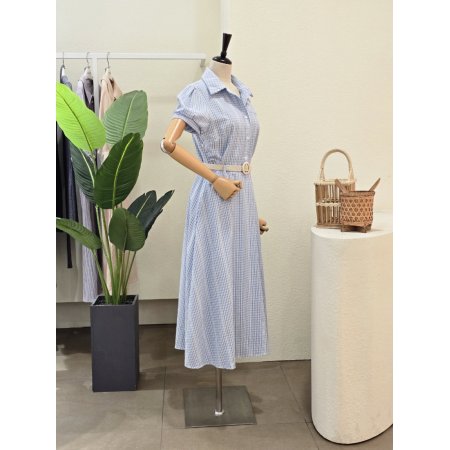 잔체크 카라넥 벨티드 원피스