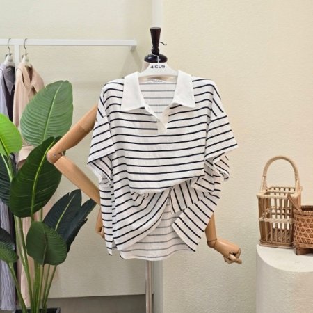 썸머 스트라이프 카라 블라우스