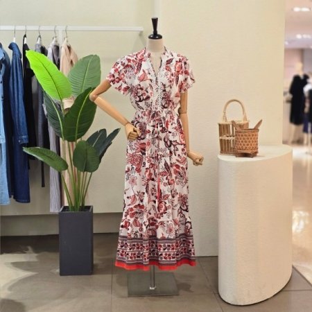 레이스 배색 플라워 패턴 롱 원피스