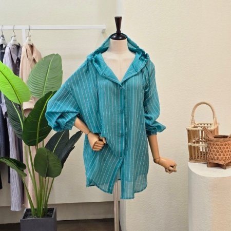 후드넥 세로 스트라이프 썸머 셔츠