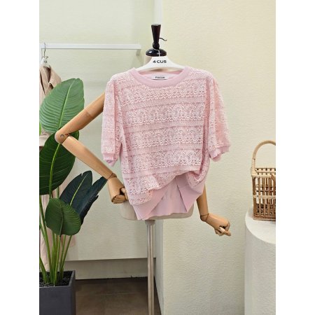 레이스 배색 라운드넥 니트