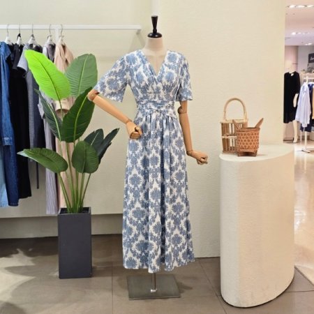 브이넥 패턴 저지 원피스