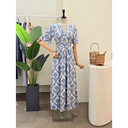 브이넥 패턴 저지 원피스