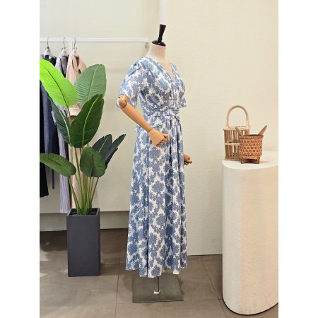 브이넥 패턴 저지 원피스