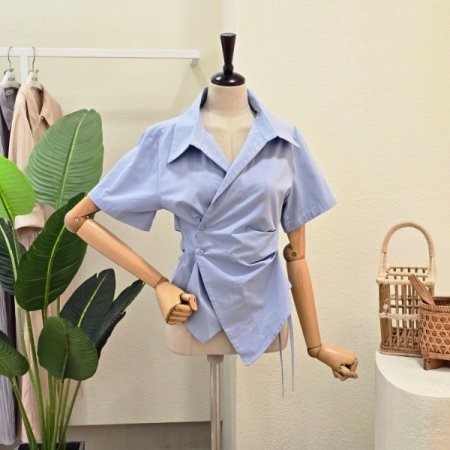 랩 버튼 오픈 카라넥 블라우스