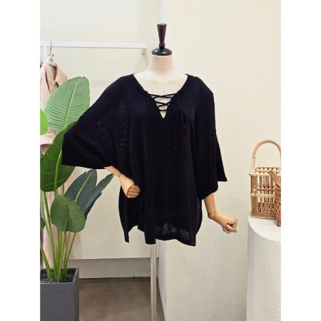 루즈핏 스트링 브이넥 니트