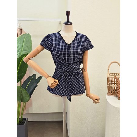 체크 허리 리본 블라우스