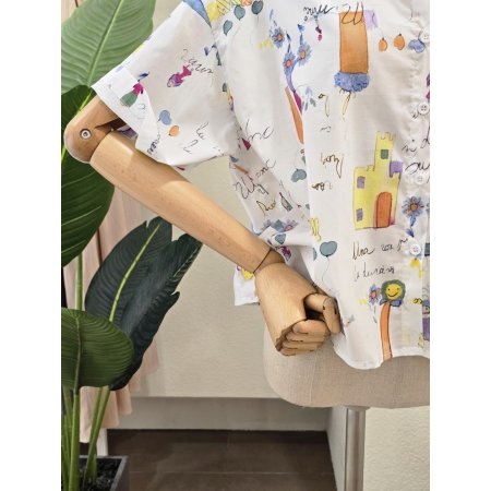 하우스 프린트 카라넥 블라우스