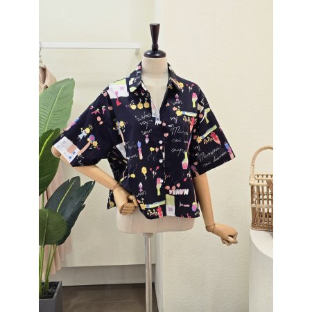 하우스 프린트 카라넥 블라우스