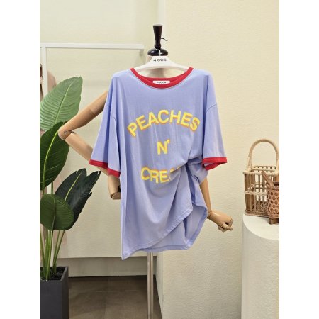 배색 레터링 라운드 티셔츠