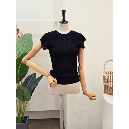 플리츠 캡소매 라운드 니트