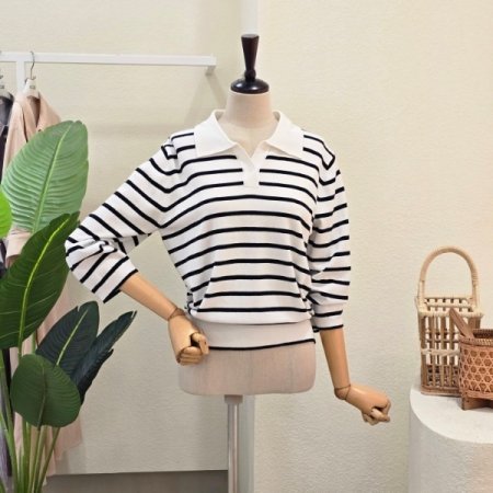 스트라이프 카라넥 7부 니트