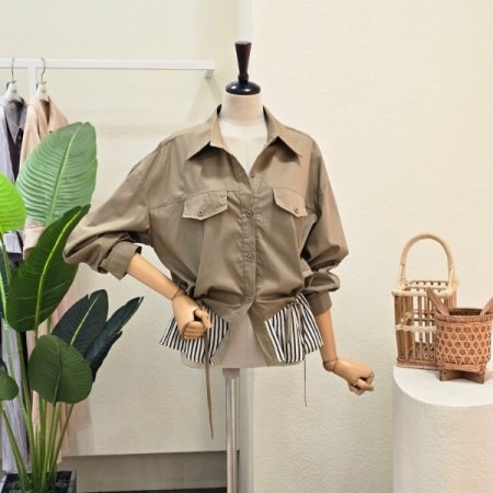 스트라이프 배색 스트링 셔츠