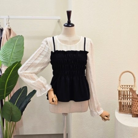 스모크 배색 뷔스티에 블라우스