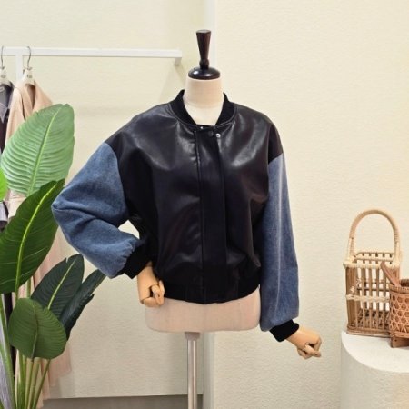 데님 포인트 레더 점퍼