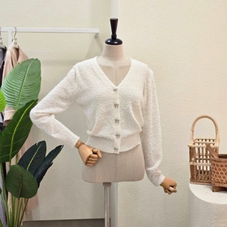 리본 버튼 브이넥 가디건