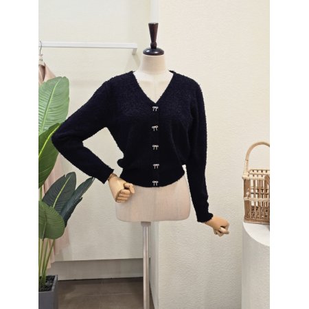 리본 버튼 브이넥 가디건