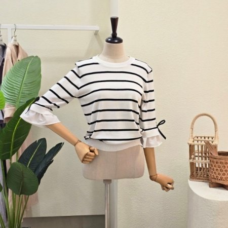 리본 포인트 스트라이프 니트