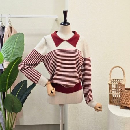 스트라이프 컬러 카라넥 니트